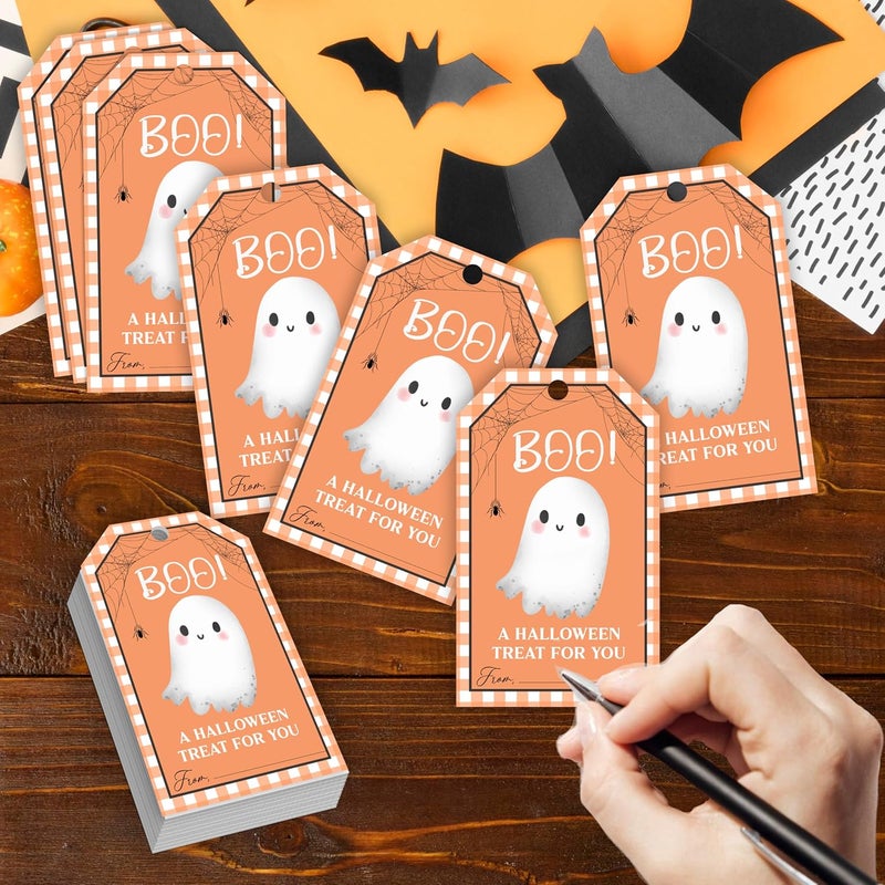 HandEasy 50 Pcs Halloween Tags with String, 2.1"×3.5" Boo Paper Gifts Tags, Ghost Trick or Treat for Candy, Halloween Gifts Tag Wrap for Party Favor - B08 - Image 3